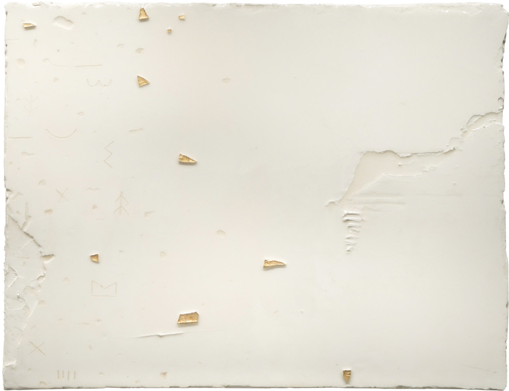 Ben Loong, Glyph 5, 2020, resinated gypsum plaster and gold leaf on wood, 52 × 68 × 4.5 cm