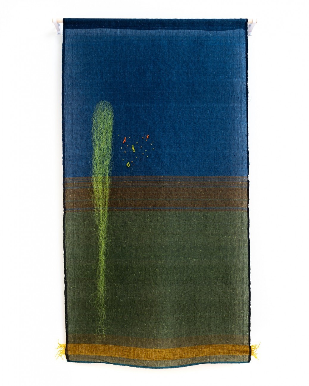 Ari Bayuaji, The Light in the Deep Blue, 2023, woven plastic and cotton threads, semi-precious stone, plastic coral, 190 × 104 centimetres. Courtesy Pierre-François Ouellette art contemporain, Montreal.