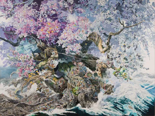 Manabu Ikeda, Rebirth, 2013–16, pen, acrylic, and watercolor on paper mounted on board, 10 x 13'.