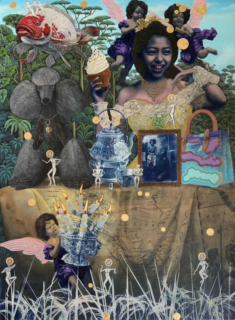 Budi Agung Kuswara, Generasi Indonesia Emas #1 (from the Tiba Anak Cucu series), 2024, cyanotype, acrylic, ink, gold leaf 24k on canvas, 200 × 145 × 5 cm. 