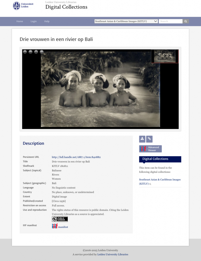 Screenshot of the Leiden University Libraries, Digital Collection of the archival photograph Drie vrouwen in een rivier op Bali (Three women in a river in Bali) as reference image for artwork “Reunion in the Pool of Time (The Descendent Emerge series), 2025” , accessed on July 17, 2025 (Image credit: https://digitalcollections.universiteitleiden.nl/view/item/840882)
