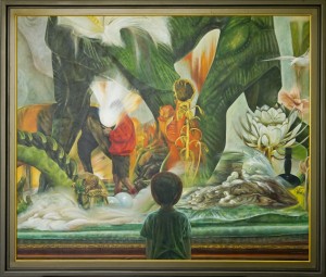 Gilang Fradika, Suluk, 2025, Oil paint and gel medium on canvas, 174 × 204 × 7.5 cm (framed), © Gilang Fradika, courtesy of the artist and Mizuma Gallery 