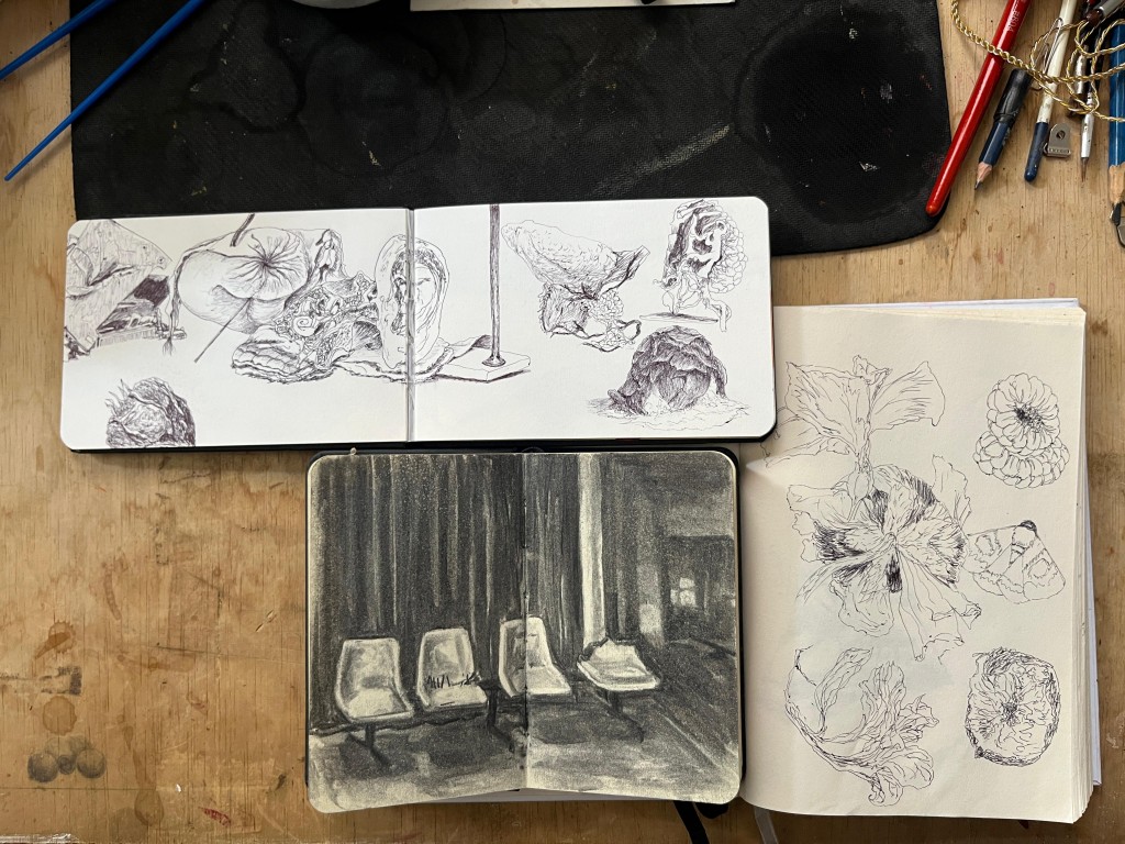 Artist sketchbook of collages and texture study for reference. Image courtesy of the artist.